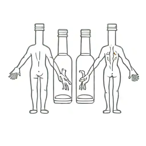 2 hot sauce bottles with human legs, arms and faces that are holding hands. one bottle is hot, one is mild  tattoo design idea