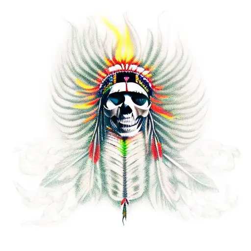 an indian chief skull, surrounded by vibrant green flames tattoo design idea