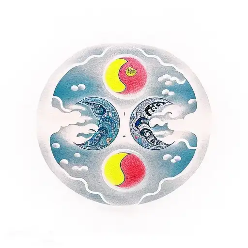  /imagine A simple neo traditional japanese tattoo stencil of a yin yang symbol where one side has a moon, clouds, japan tattoo design idea