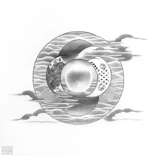  A simple neo traditional japanese tattoo stencil of a yin yang symbol where one side has a moon, clouds, japan tattoo design idea