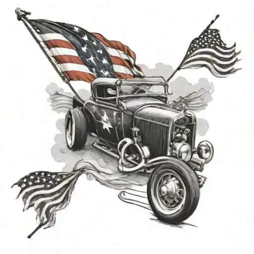 A realistic black and grey tattoo of a vintage hot rod with a fishing rod strapped to the roof, set against a backdrop of the American flag waving in the wind tattoo design idea