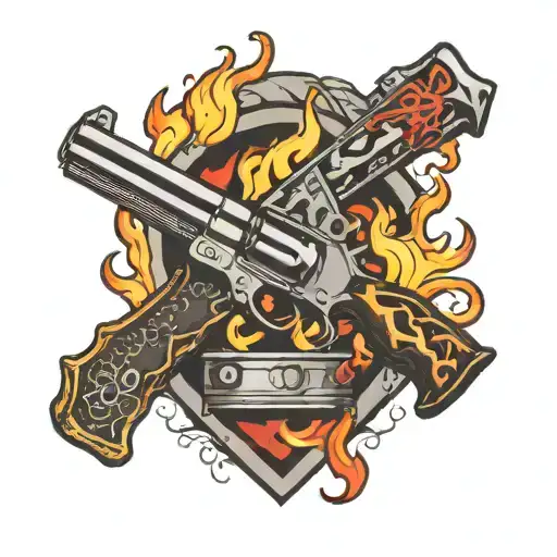 guns flags wrenches fire flames tattoo design idea