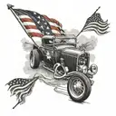 A realistic black and grey tattoo of a vintage hot rod with a fishing rod strapped to the roof, set against a backdrop of the American flag waving in the wind tattoo design idea