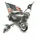 A realistic black and grey tattoo of a vintage hot rod with a fishing rod strapped to the roof, set against a backdrop of the American flag waving in the wind tattoo design idea