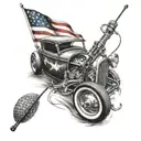 A realistic black and grey tattoo of a vintage hot rod with a fishing rod strapped to the roof, set against a backdrop of the American flag waving in the wind tattoo design idea