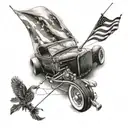 A realistic black and grey tattoo of a vintage hot rod with a fishing rod strapped to the roof, set against a backdrop of the American flag waving in the wind tattoo design idea