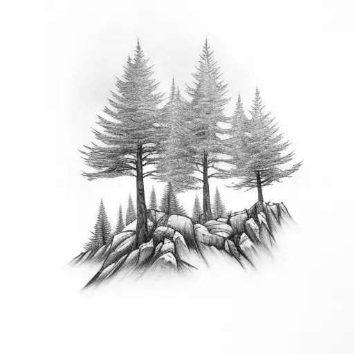 Mountain Scene with trees and brids with crosses tattoo design idea