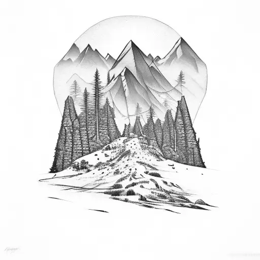 Black and Grey "Mountain Scene With Trees And Brids..." Tattoo Idea