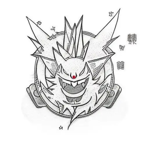 A traditional style tattoo capturing the essence of gaming and Japan, with Alakazam and Gengar battling in front of a vibrant backdrop of Japanese arcades and neon lights tattoo design idea