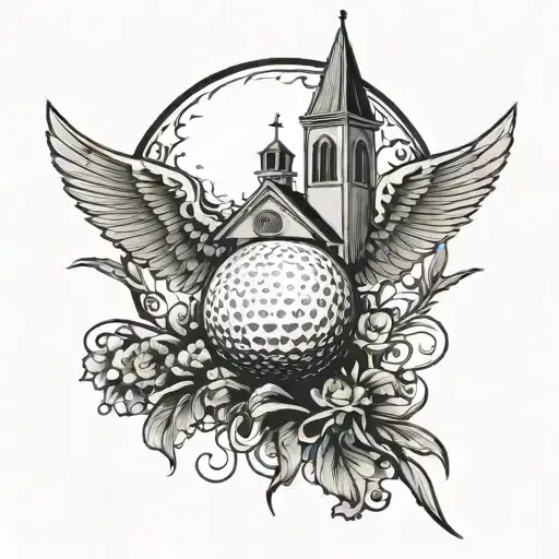 A golf ball with wings flying towards a church steeple tattoo design idea