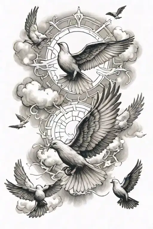 "our father prayer" in the middle of clouds, rays of light, and doves tattoo design idea
