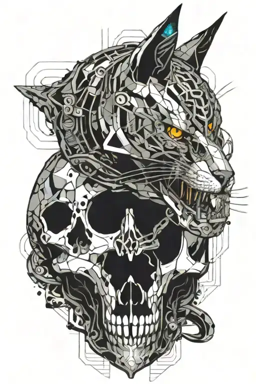 cat body connected to a crow skull by stomach and small intestine tattoo design idea