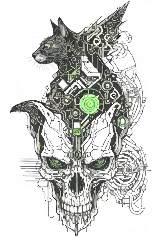 cat body connected to a crow skull by stomach and small intestine tattoo design idea