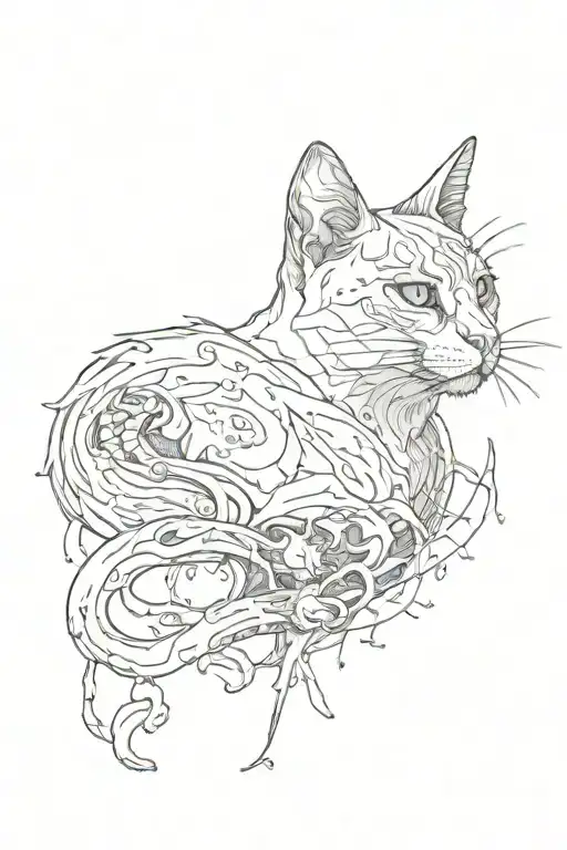 cat body connected to a crow skull by stomach and small intestine tattoo design idea