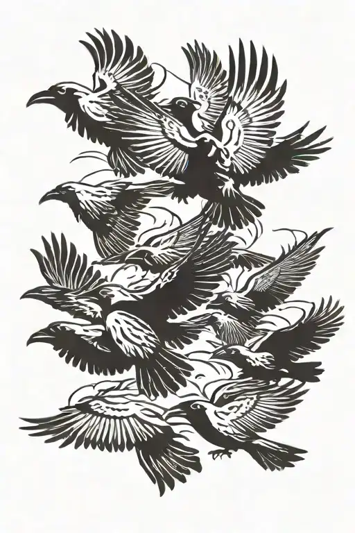 flock of crows flying and turning into neo tribal tattoo design idea