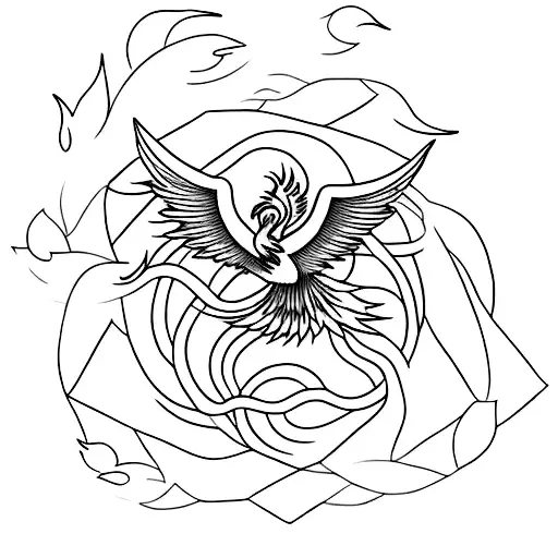 Create a minimalist tattoo of a Firebird Phoenix rising from the hood of a vintage car, surrounded by roses tattoo design idea