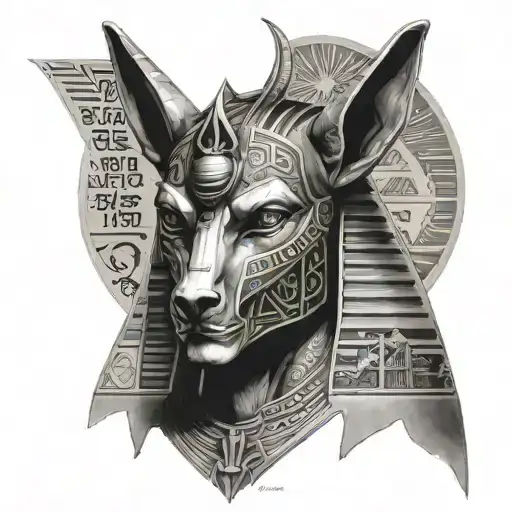 anubis with hieroglyphics all around, pyramids and the background,  tattoo design idea