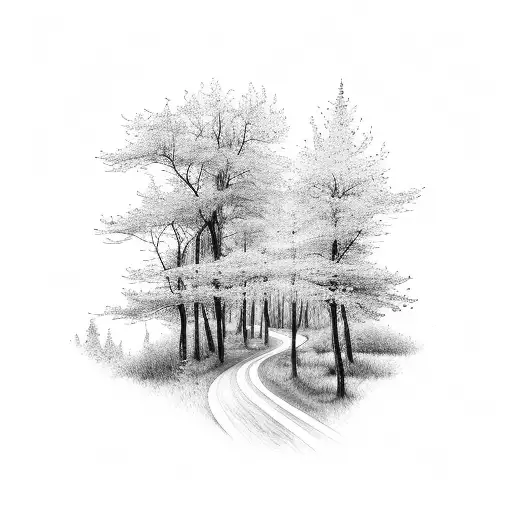 A serene forest scene with a winding path leading through the trees tattoo design idea