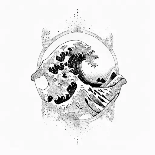 A powerful wave crashing against rocks, symbolizing strength and resilience tattoo design idea