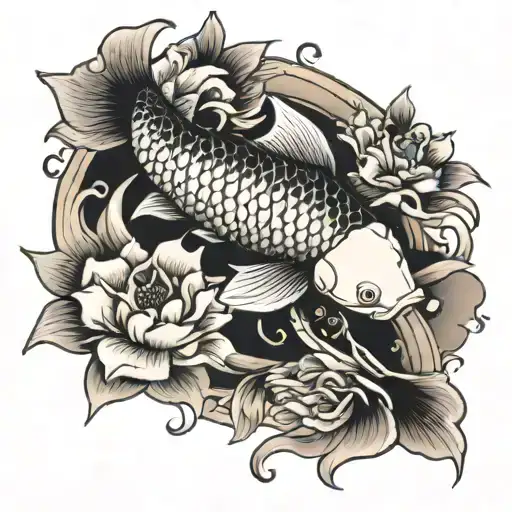 Koi fish with Japanese flowers tattoo design idea