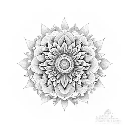 A dotwork design featuring a mandala made of daffodils and chrysanthemums, representing growth and transformation tattoo design idea