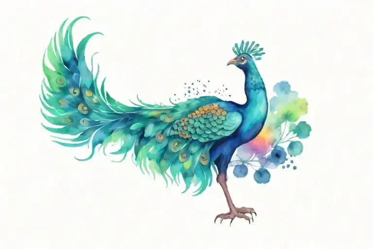 phoenix peacock with small cartoon halloween shapes like black cats owls witches hats brooms moons and stars  tattoo design idea
