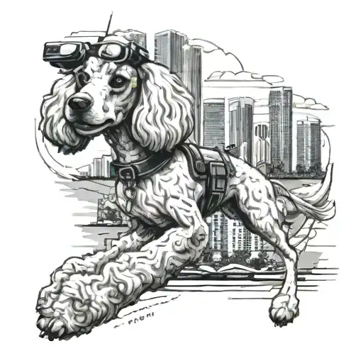 A Miami skyline with a poodle flying a drone above it tattoo design idea