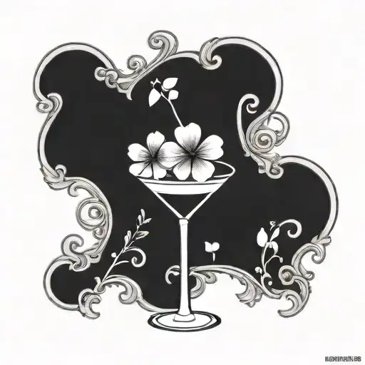 A tattoo design featuring one tiny clover of 4 leaf inside a martini glass tattoo design idea