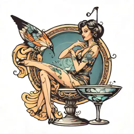 a woman sitting inside a martini glass tattoo design idea