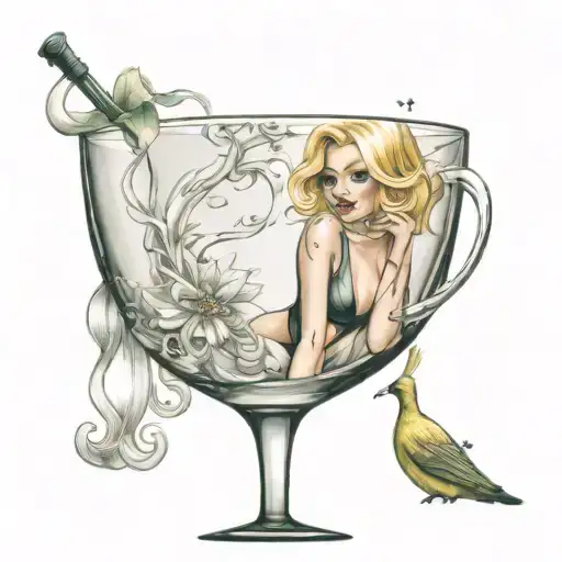 sexy blondy girl cartoon inside a martini glass tattoo design idea