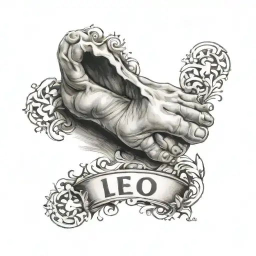baby's foot with name and date of birth, zodiac sign leo, weight 3.208, height 51, time 01:37 tattoo design idea