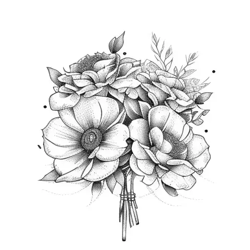 bouquet of birth flowers from march, september, december, may tattoo design idea