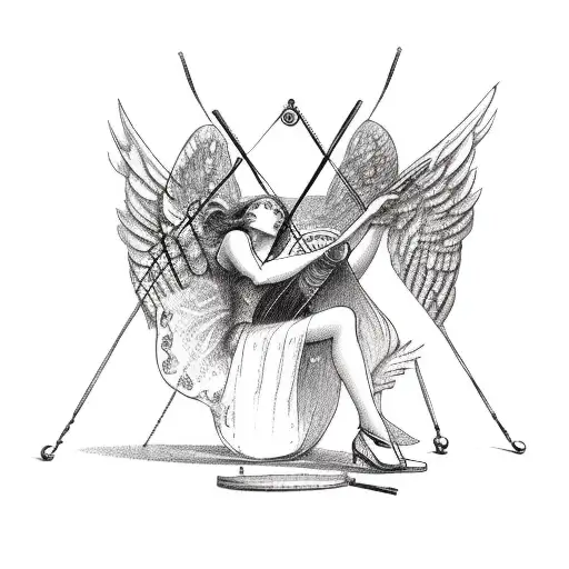 Fallen angel playing a lyre with broken strings tattoo design idea