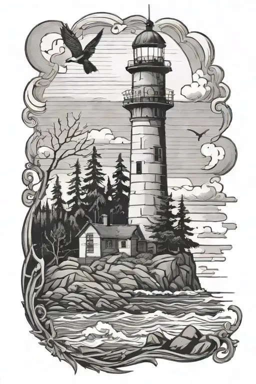 light house one swallow rocky coast evergreen forest background  tattoo design idea