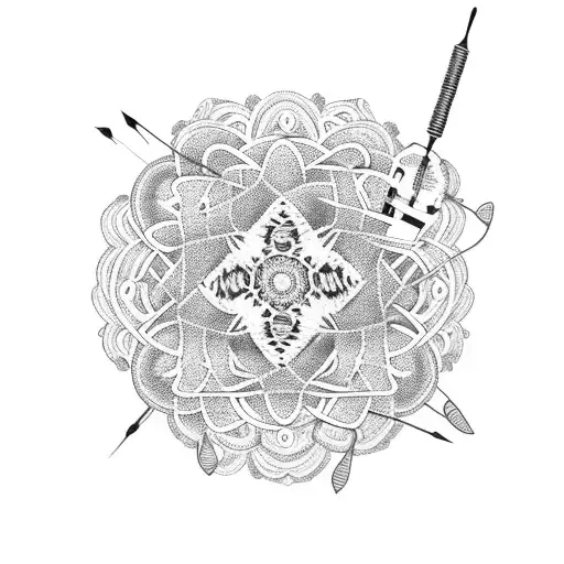 A crochet needle intertwined with magical wands and surrounded by intricate floral patterns tattoo design idea