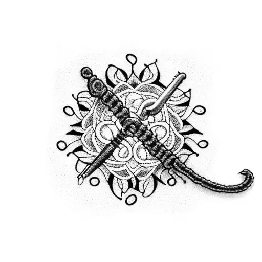 A crochet needle intertwined with magical wands and surrounded by intricate floral patterns tattoo design idea