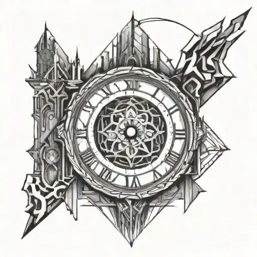 clock tower and viking symbols tattoo design idea