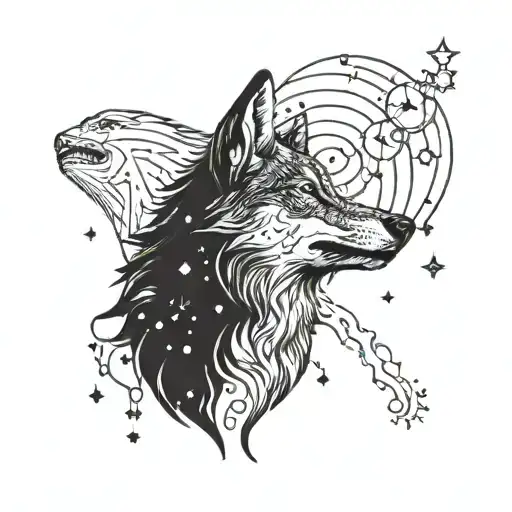 A wolf howling at a constellation in the night sky tattoo design idea