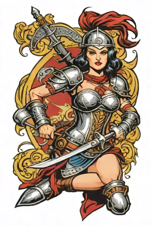 medieval pinup girl wearing armor and weapons tattoo design idea