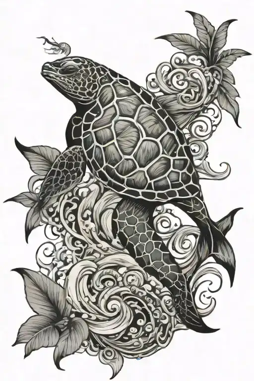 green sea trutle, dolphin, fish, coconut tree, waves, the word Rumung tattoo design idea