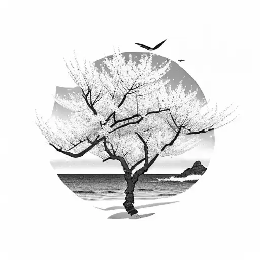 A beach landscape with almond blossoms and cherry blossoms floating in the wind tattoo design idea
