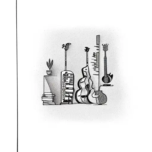 A bookshelf filled with musical instruments and camping gear tattoo design idea