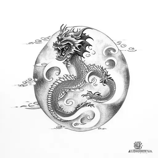 japanese dragon wrapping a katana, looking at a moon with clouds tattoo design idea