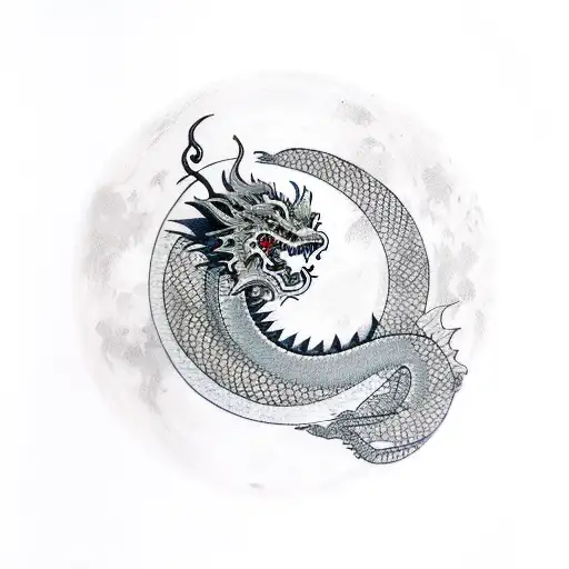 japanese dragon wrapping a katana, looking at a moon with clouds tattoo design idea
