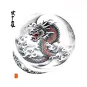 japanese dragon wrapping a katana, looking at a moon with clouds tattoo design idea