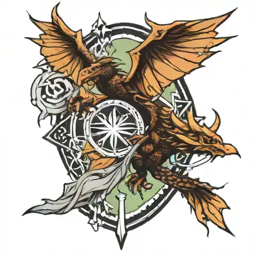 Tattoo sleeve with Dragon Age Inquisition logo, moth logo from The Last of Us Part 2, Attack on Titan Wings of Freedom,  tattoo design idea