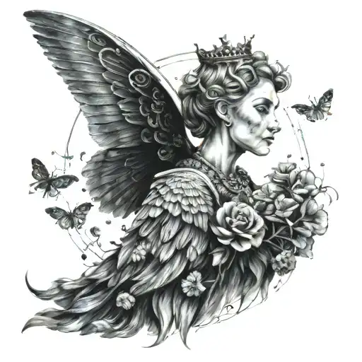 A regal queen with wings made of black sheep wool, flying through a sky filled with moons and bees tattoo design idea