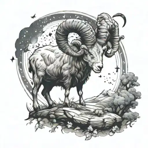 An Aries ram with a crown of stars, standing on a hill surrounded by black sheep and bees under a moonlit sky tattoo design idea