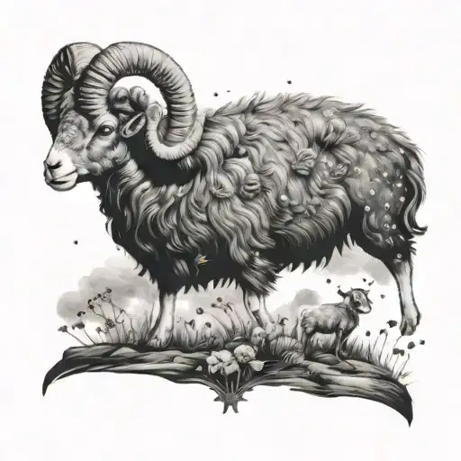 An Aries ram with a crown of stars, standing on a hill surrounded by black sheep and bees under a moonlit sky tattoo design idea