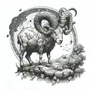 An Aries ram with a crown of stars, standing on a hill surrounded by black sheep and bees under a moonlit sky tattoo design idea